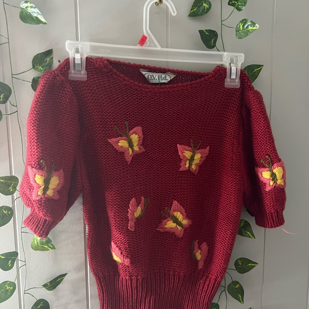 Red Sweater with Butterfly Embroidery